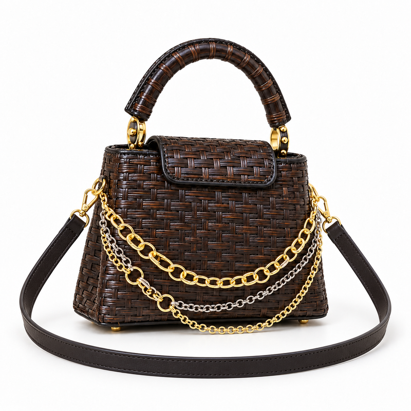 Dark Brown Woven Chain Detail Crossbody Bag-2