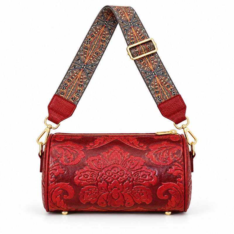 Burgundy Floral Embossed Vintage Crossbody Bag-2