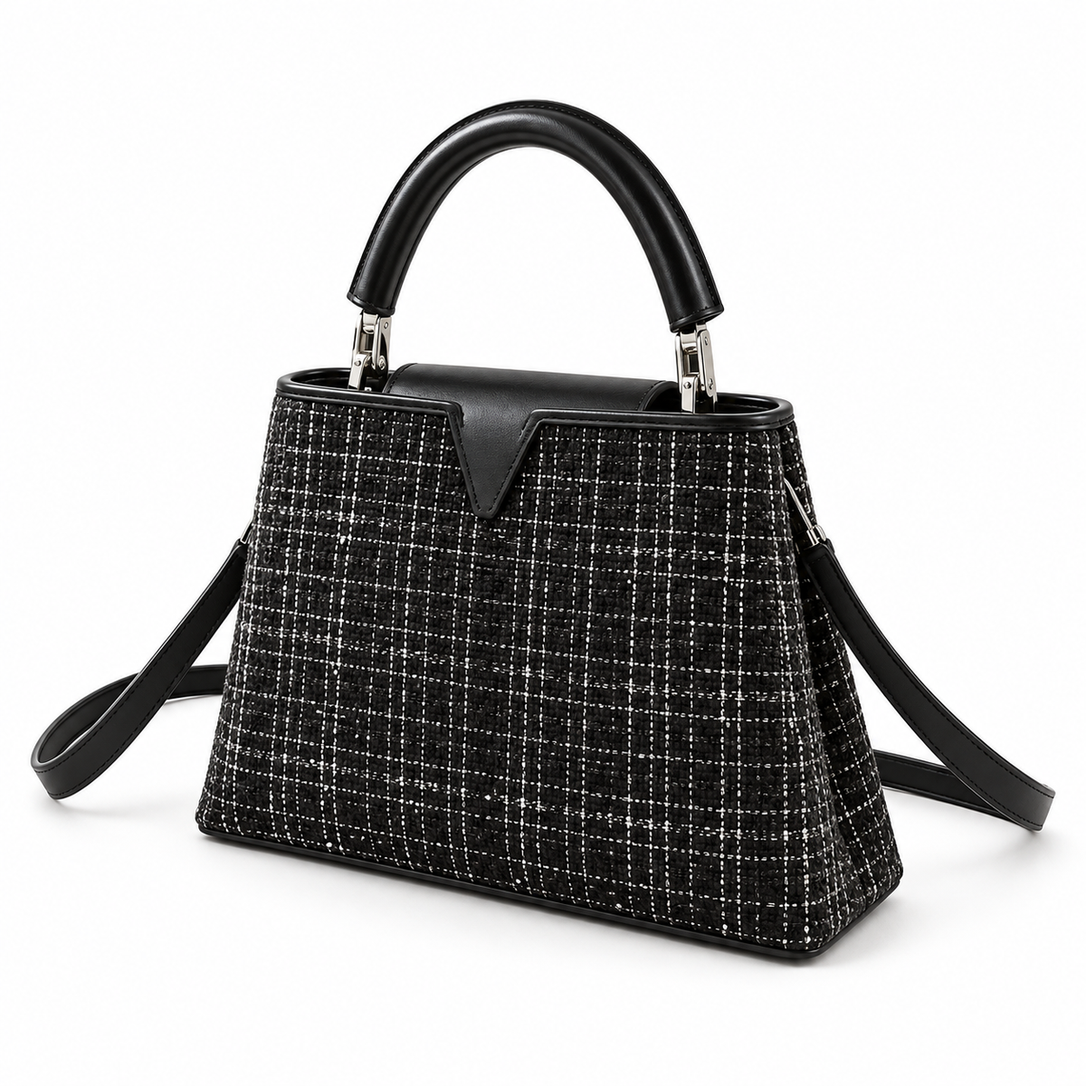 Black Checkered Vegan Leather Top handle Bag-3