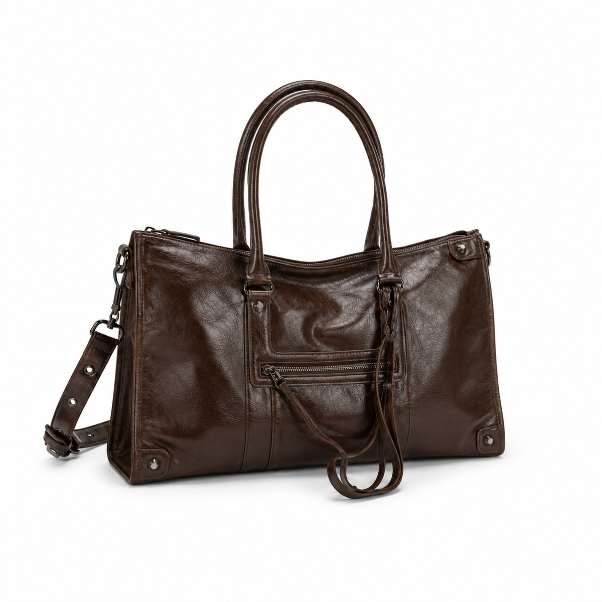 Vintage Glossy Brown Leather Tote Shoulder Bag
