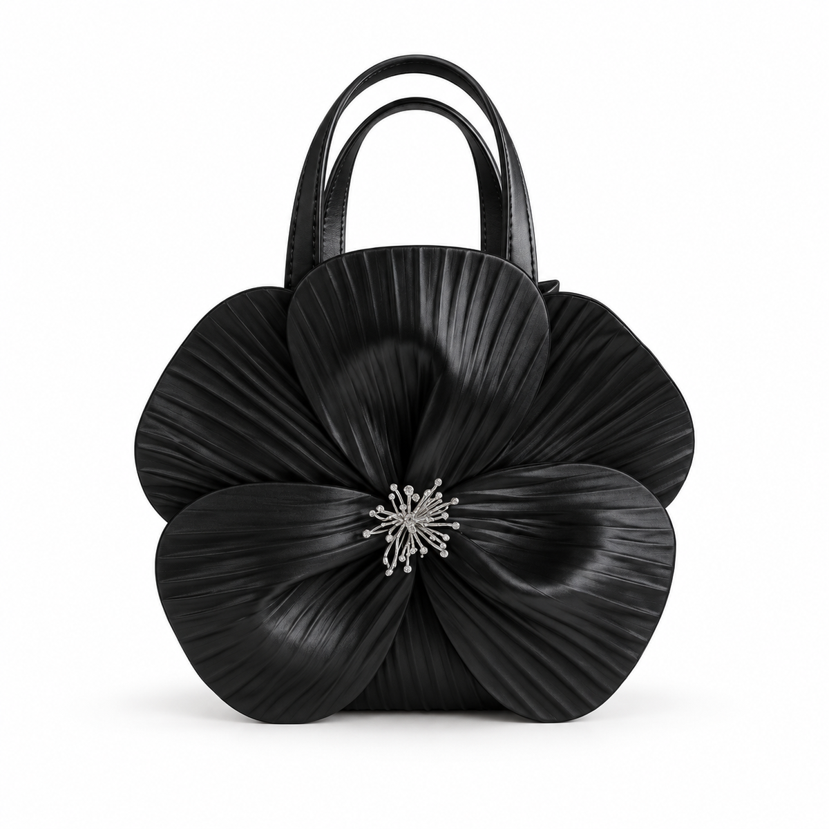 Elegant Black Pleated Flower Handle Clutch-4