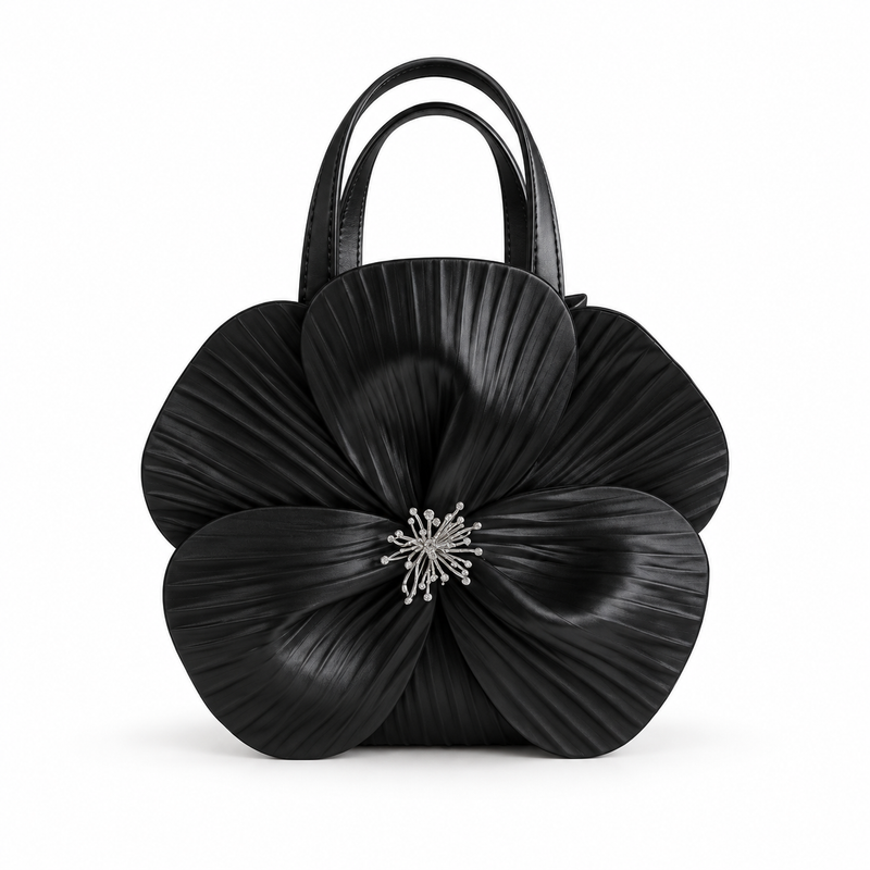 Elegant Black Pleated Flower Handle Clutch-4