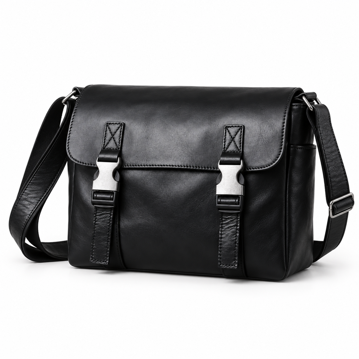 Black Leather Messenger Bag With Buckles-3
