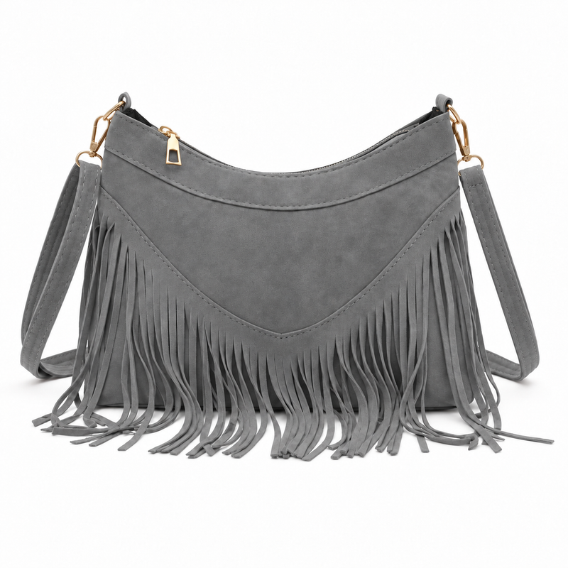 Vintage Grey Bohemian Fringe Shoulder Bag-3