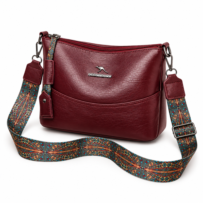 Burgundy Crossbody Bag With Patterned Strap-3