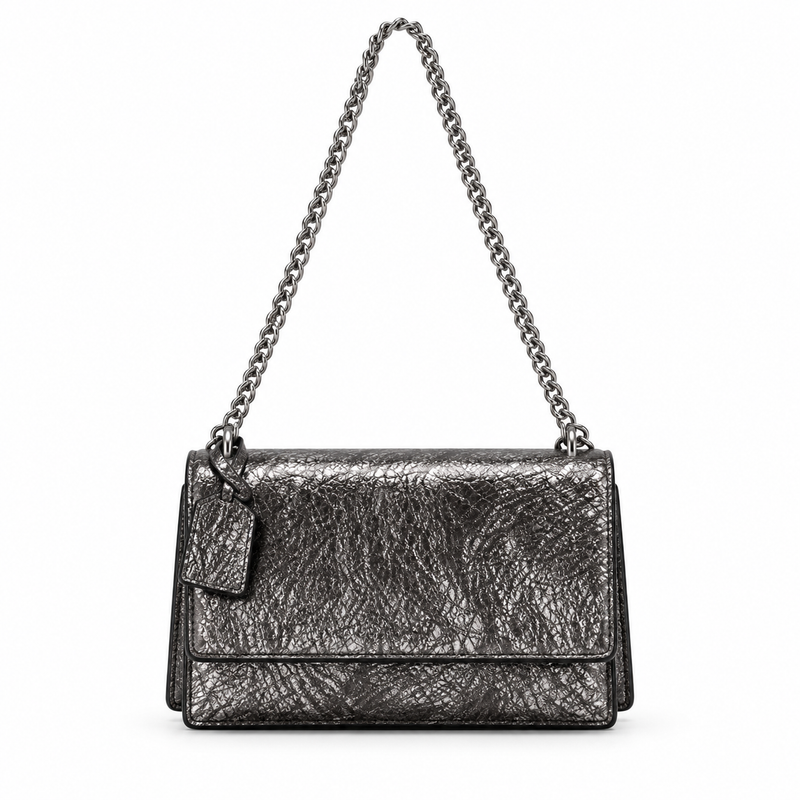 Metallic Silver Textured Chain Shoulder Bag-4