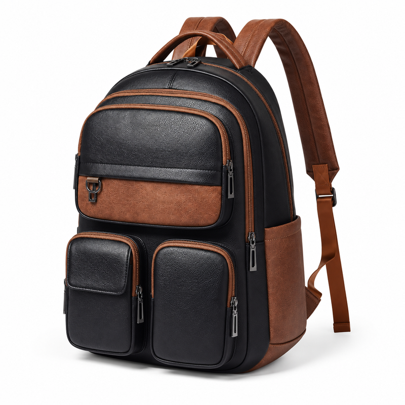 Black Brown Vegan Leather Travel Backpack-3