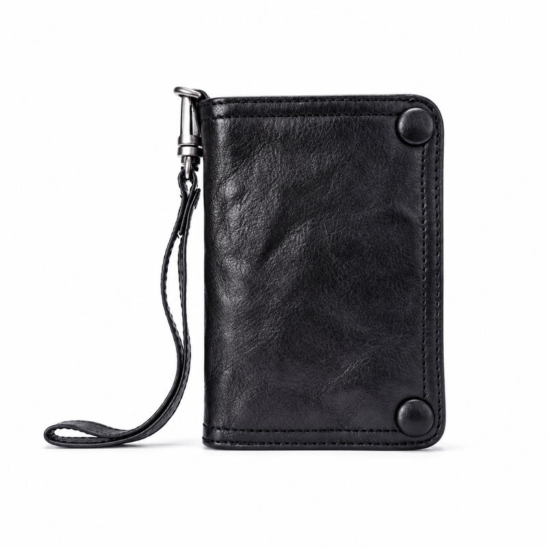 Classic Black Leather Wallet With Wristlet-4
