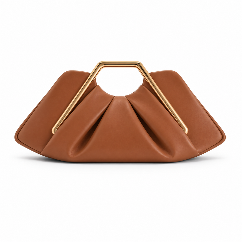 Caramel Sculptural Clutch With Golden Handle-2
