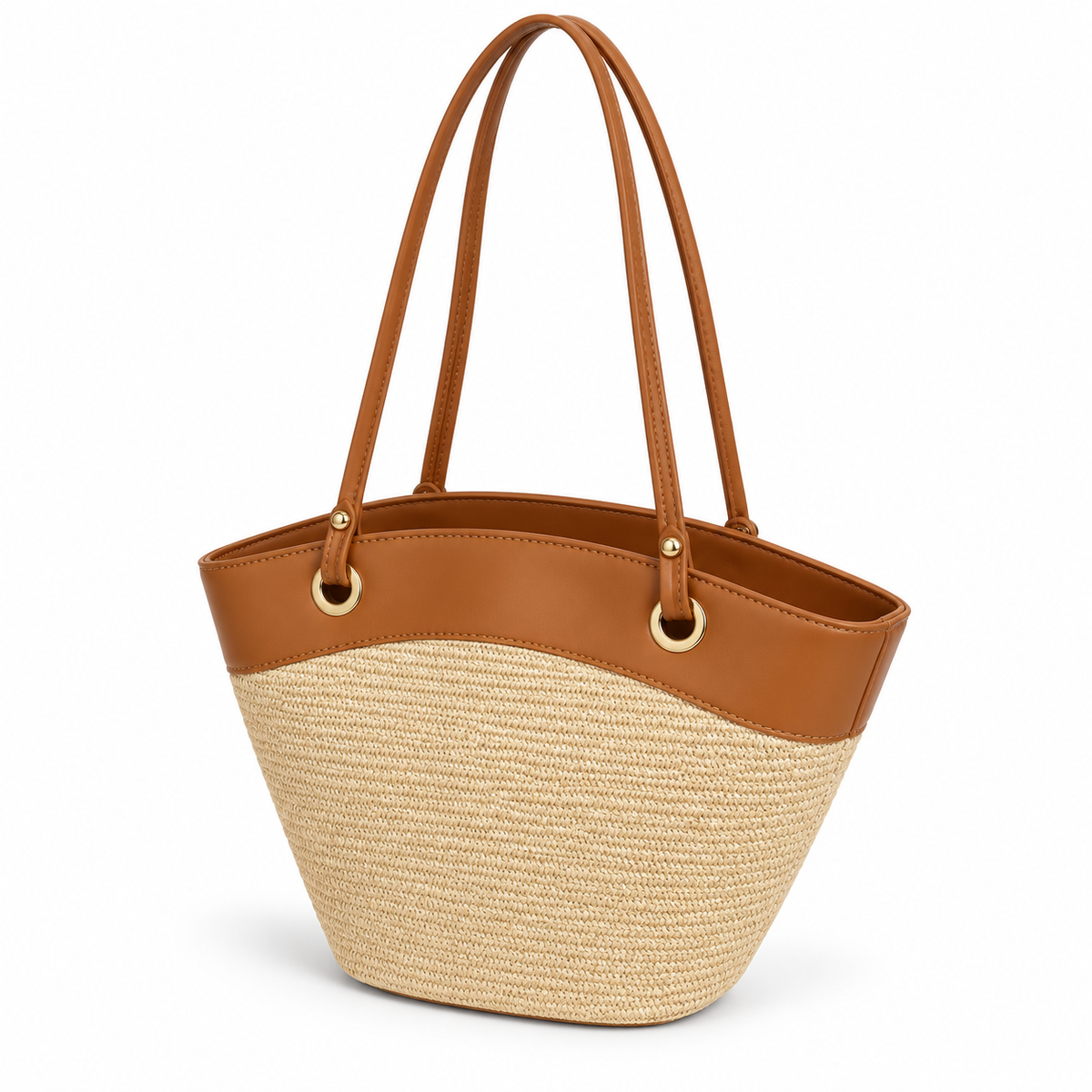 Beige Woven Tote With Brown Trim-3