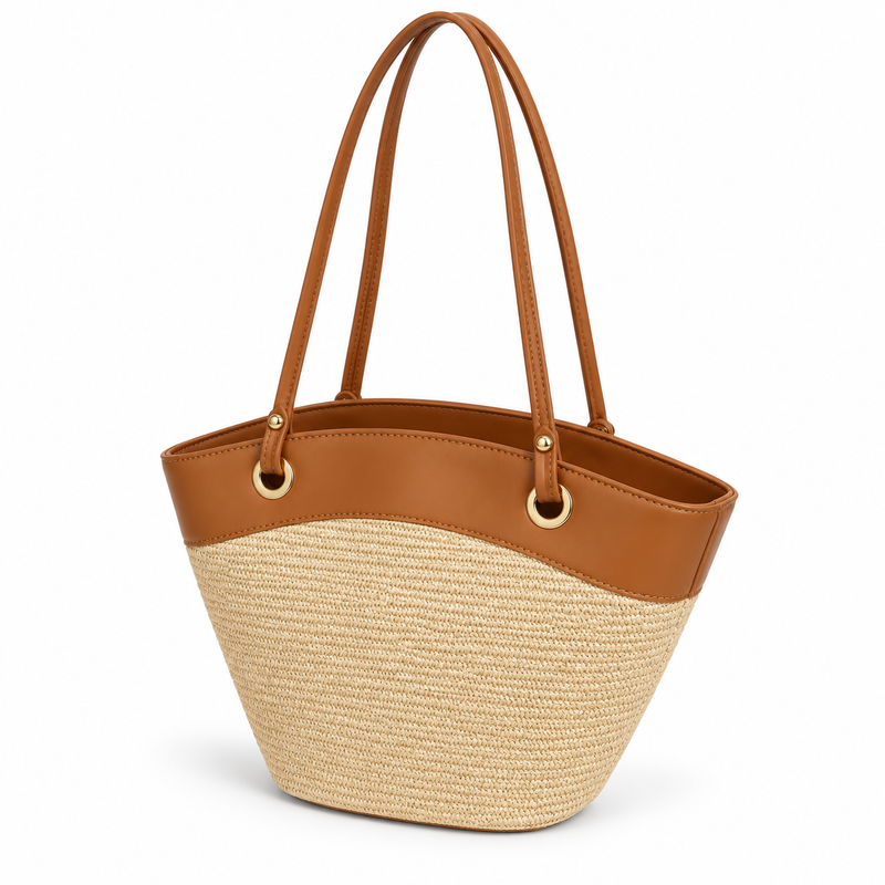 Beige Woven Tote With Brown Trim-3