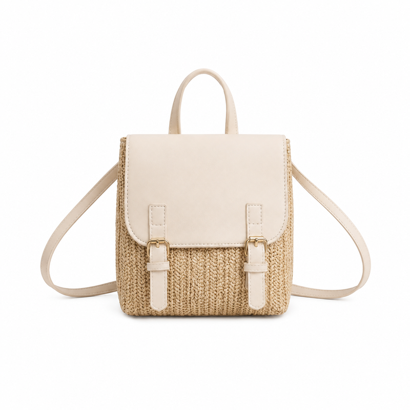 Beige Woven Straw Mini Backpack Handbag-4