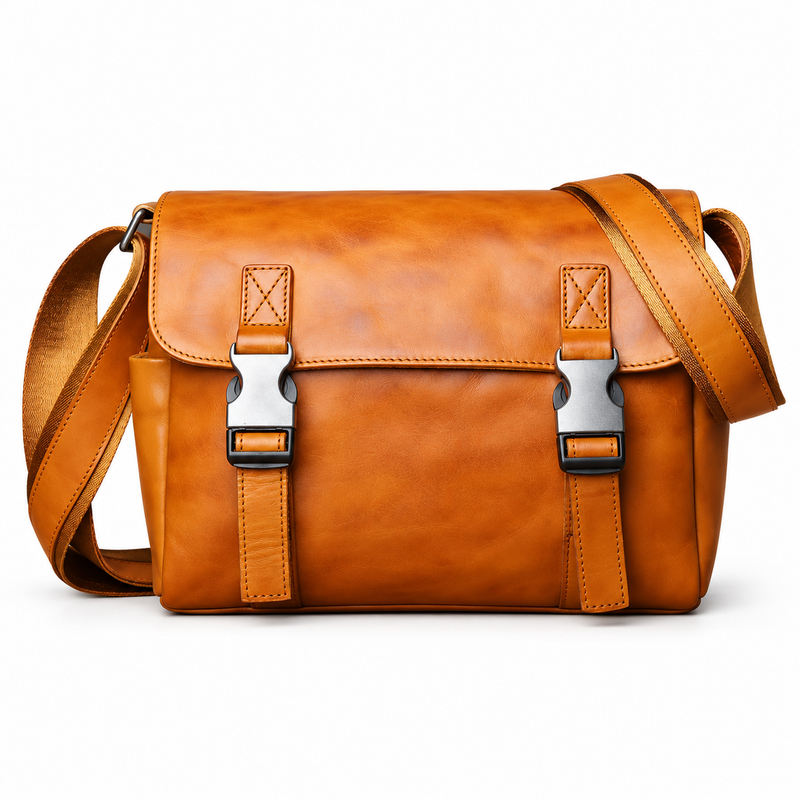 Classic Cognac Leather Messenger Shoulder Bag-4
