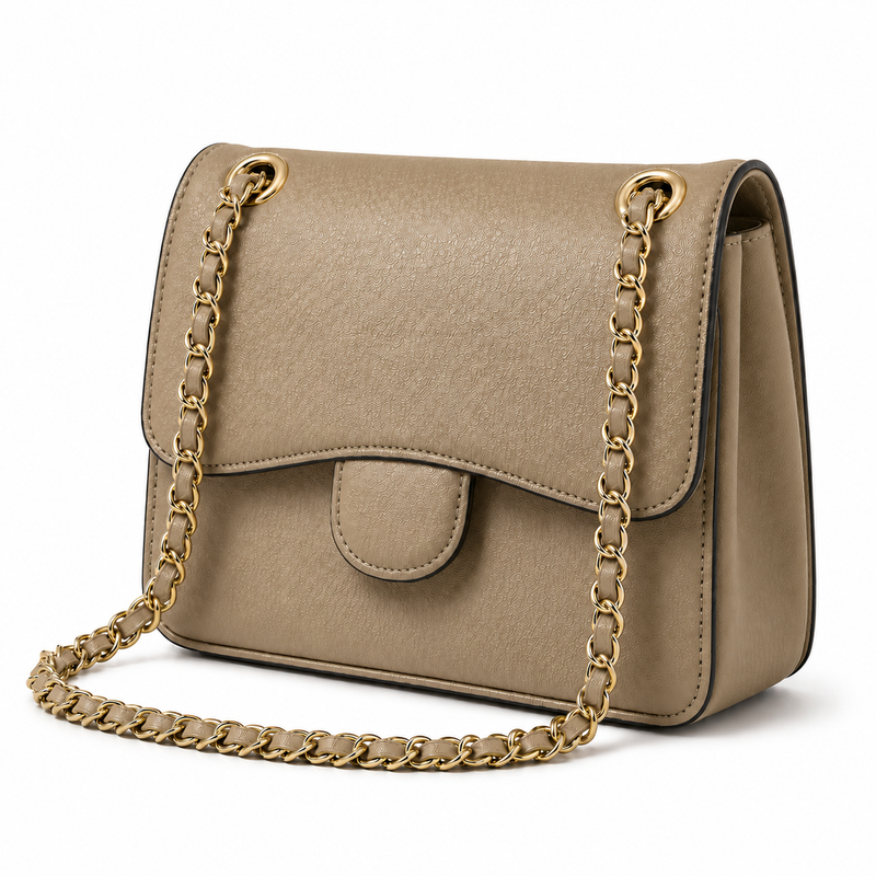Khaki Textured Chain Strap Shoulder Bag-4