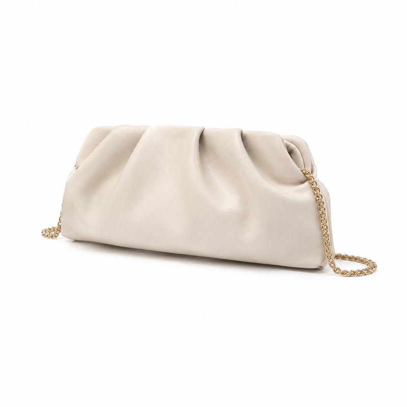 Ivory Ruched Clutch Bag with Gold Chain Strap-4