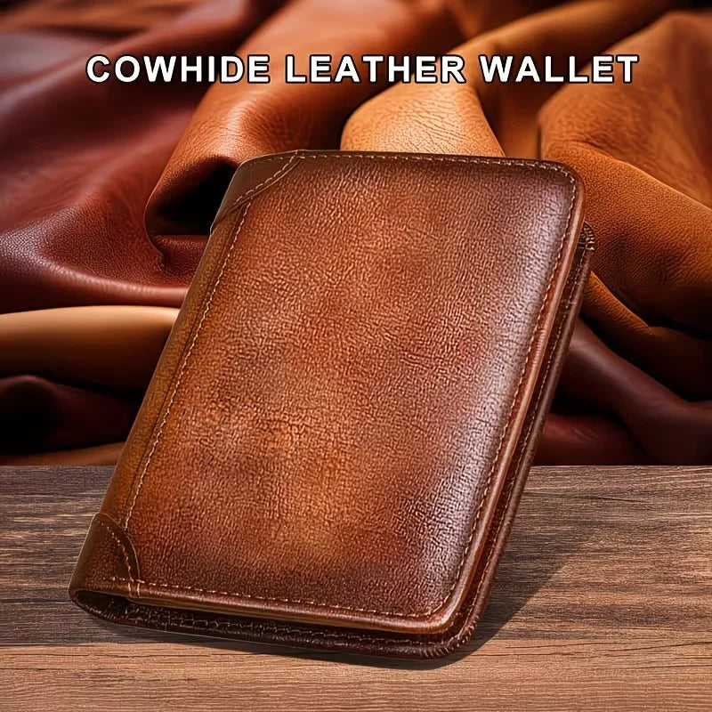 [RFID Leather Wallet] Father'S Day Gifts For Men, RFID Blocking Trifold Genuine Leather Wallets For Men - Top Layer Cowhide Vintage Short Multi Function Credit Card Holder, Money Clips With 2 ID Windows Gift Wallet For Dad