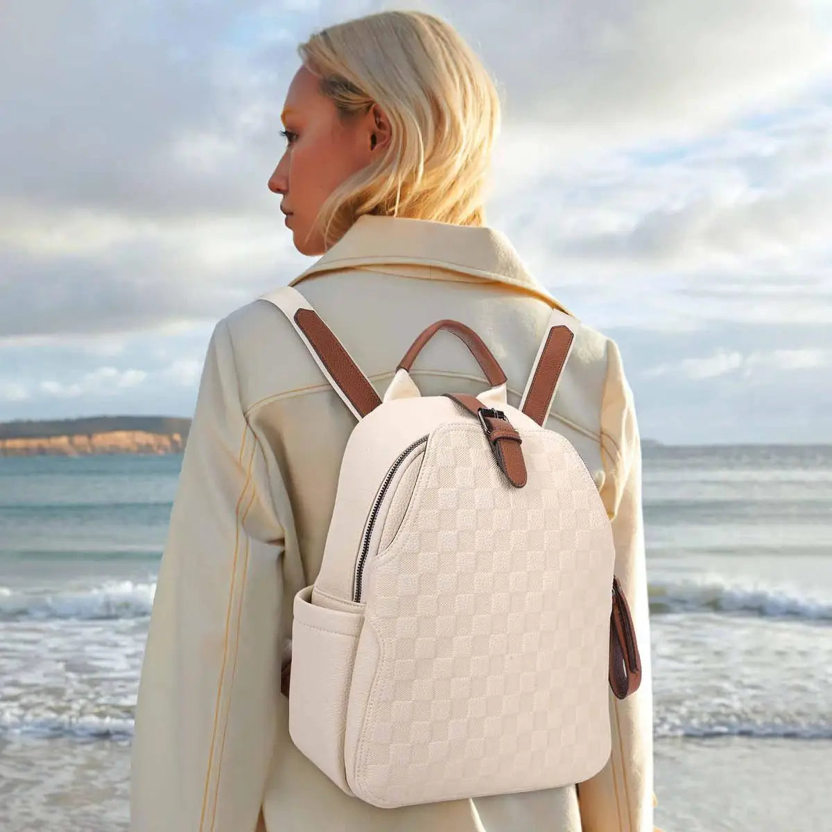Women Leather Backpack Purse, Checkered Embossed Faux Leather Mini Backpack with Brown Contrast Trim, Convertible Shoulder Handb