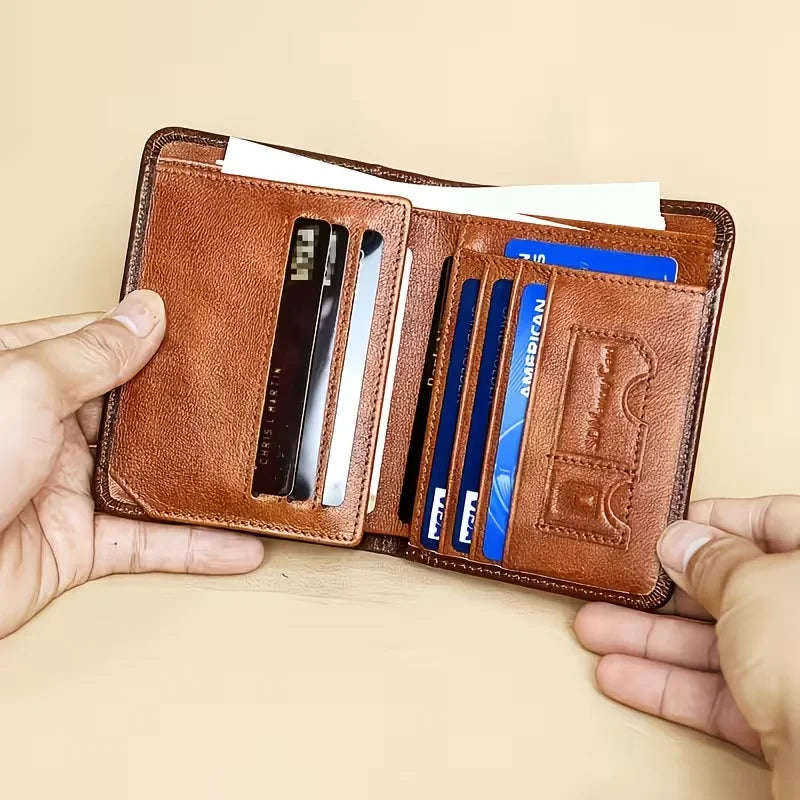 [RFID Leather Wallet] Father'S Day Gifts For Men, RFID Blocking Trifold Genuine Leather Wallets For Men - Top Layer Cowhide Vintage Short Multi Function Credit Card Holder, Money Clips With 2 ID Windows Gift Wallet For Dad