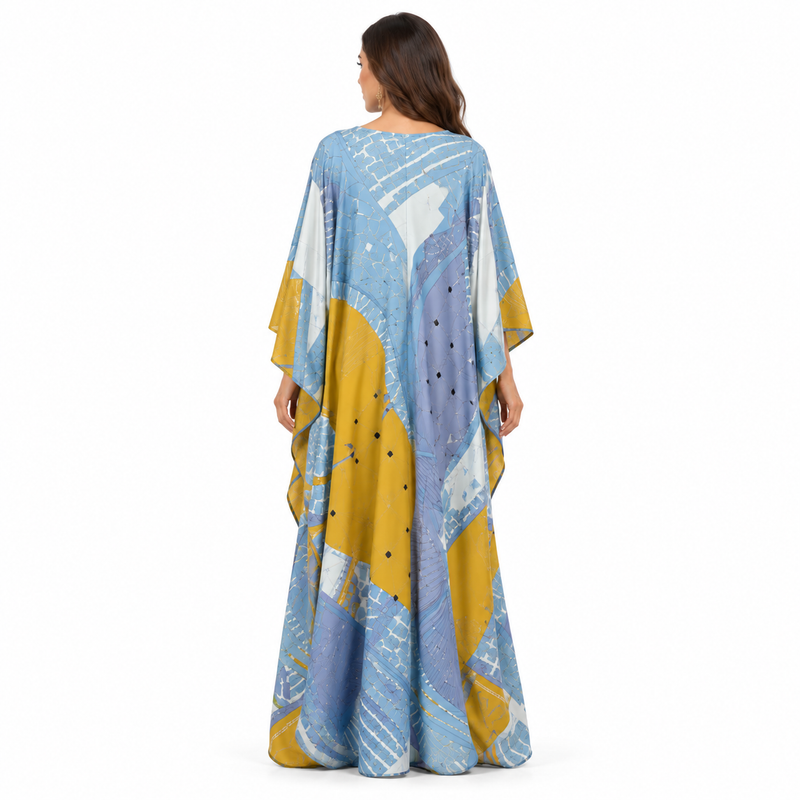Blue Mustard Geometric Print Flowing Kaftan-4