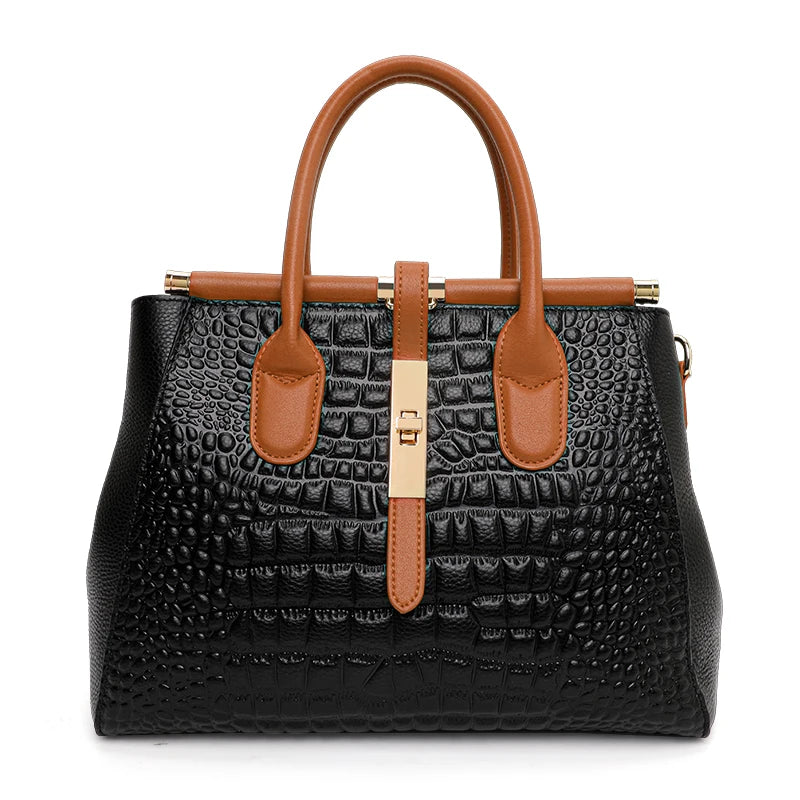 New Croc Pattern Cowhide Tote Bag Women Brown Contrast Handle Metal Lock Adjustable Crossbody Daily Handbag-20