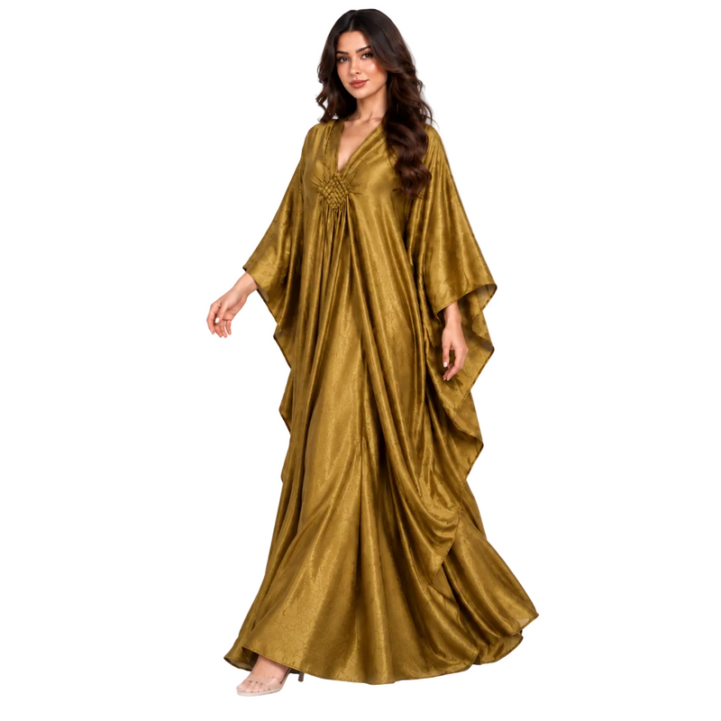 Elegant Olive Gold Satin Batwing Kaftan-2
