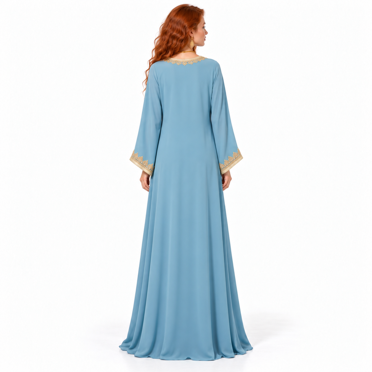 Elegant Blue Gold Embroidered Lebaran Kaftan-4