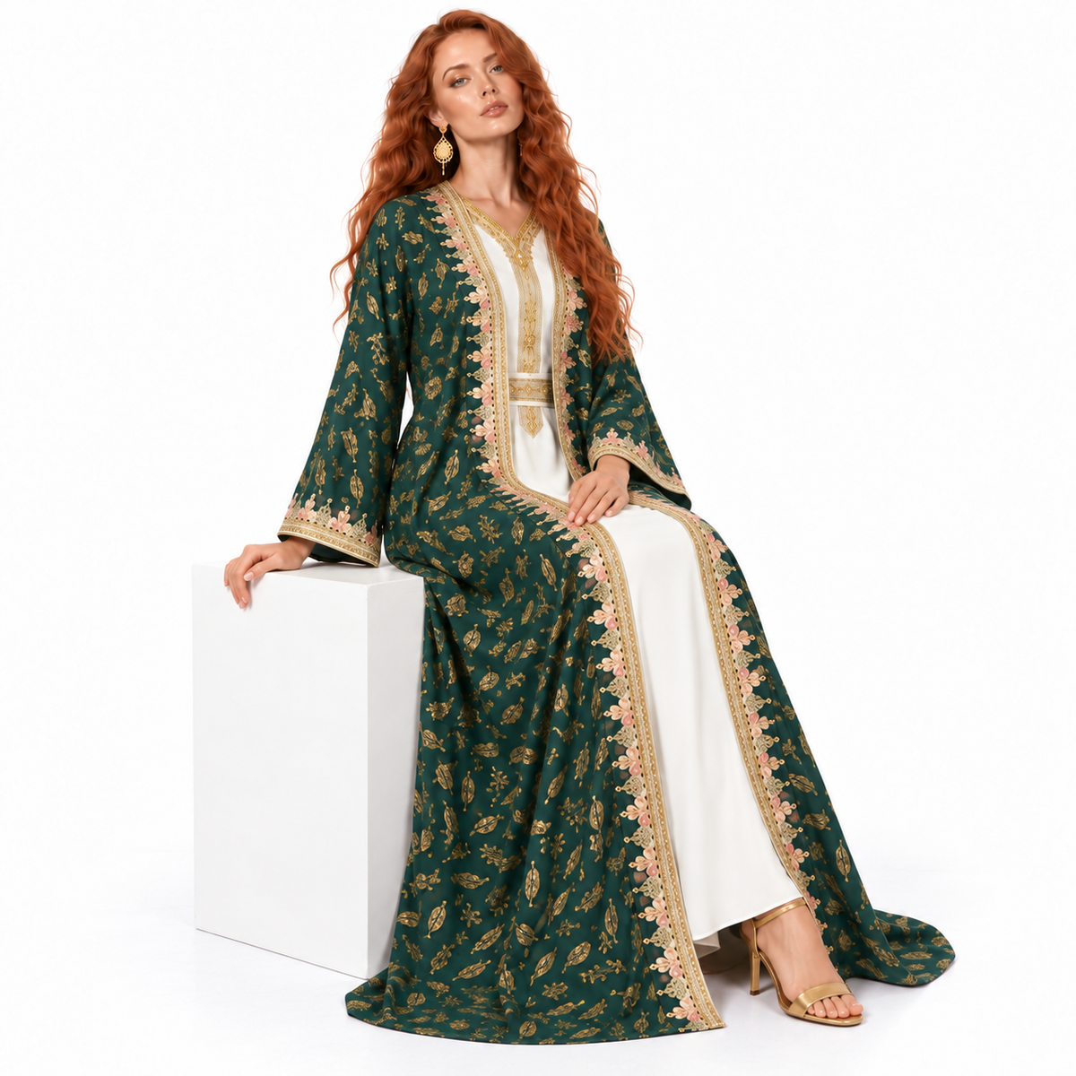 Emerald Green Gold Embroidered Lebaran Kaftan-3