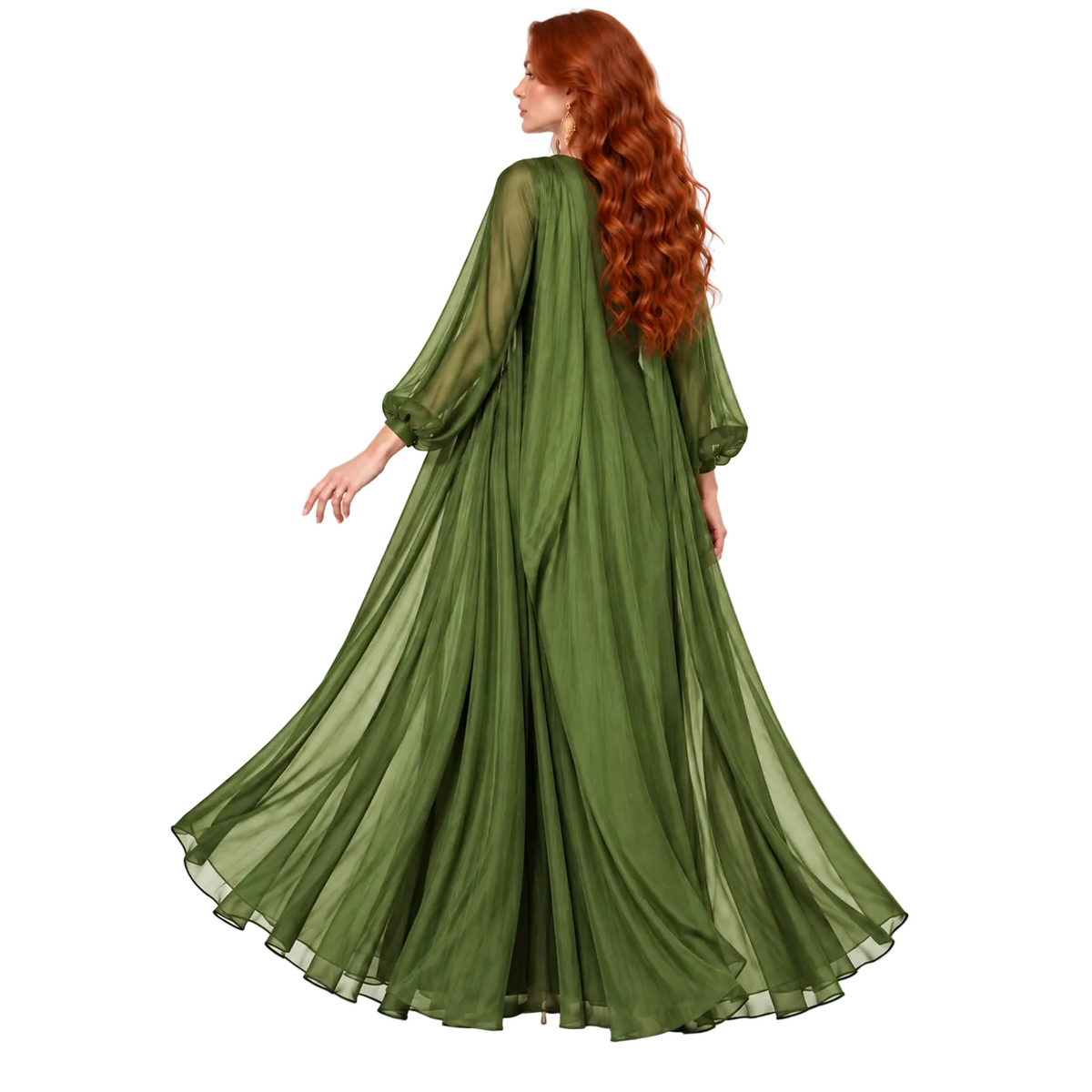 Elegant Olive Green Satin Lebaran Kaftan-4