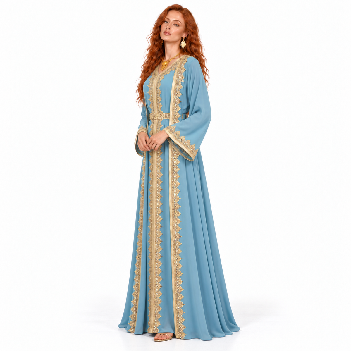 Elegant Blue Gold Embroidered Lebaran Kaftan-3