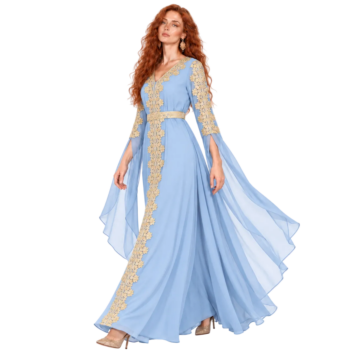 Light Blue Gold Embroidered Kaftan Lebaran