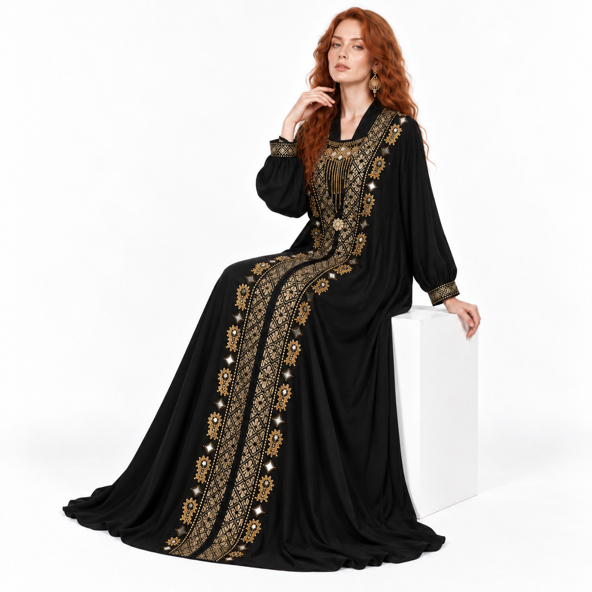 Elegant Black Gold Embroidered Lebaran Kaftan-3