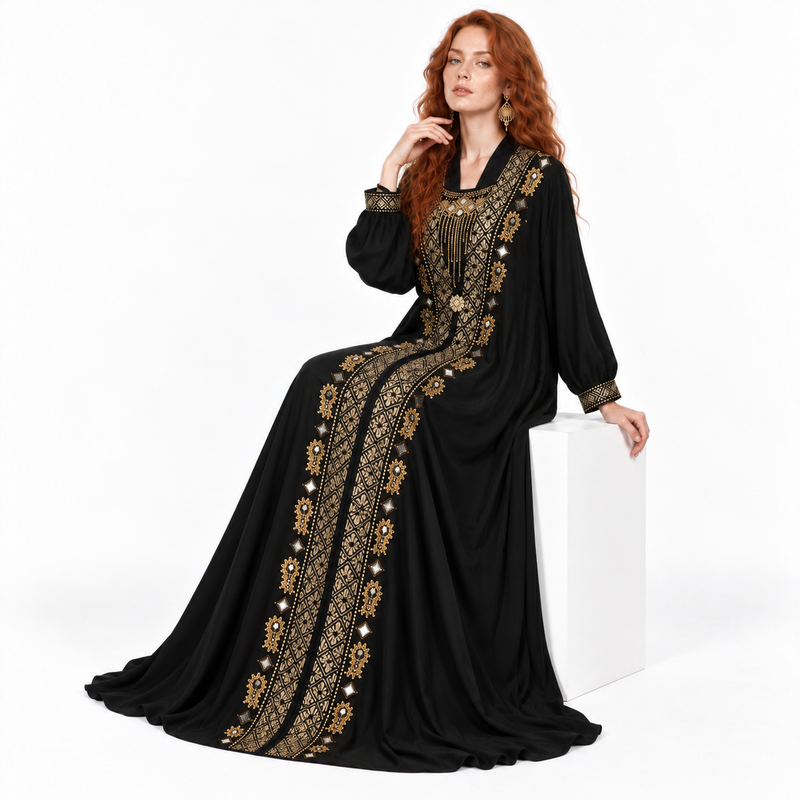 Elegant Black Gold Embroidered Lebaran Kaftan-3