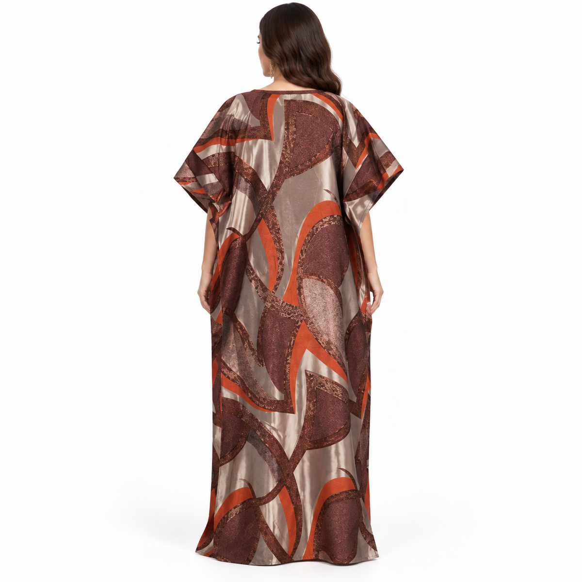 Brown Rust Abstract Print Flowing Kaftan-4