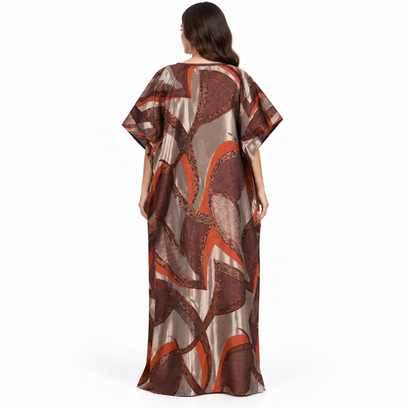 Brown Rust Abstract Print Flowing Kaftan-4