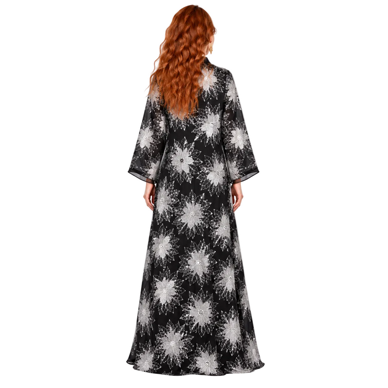 Black White Floral Satin Lebaran Kaftan-4