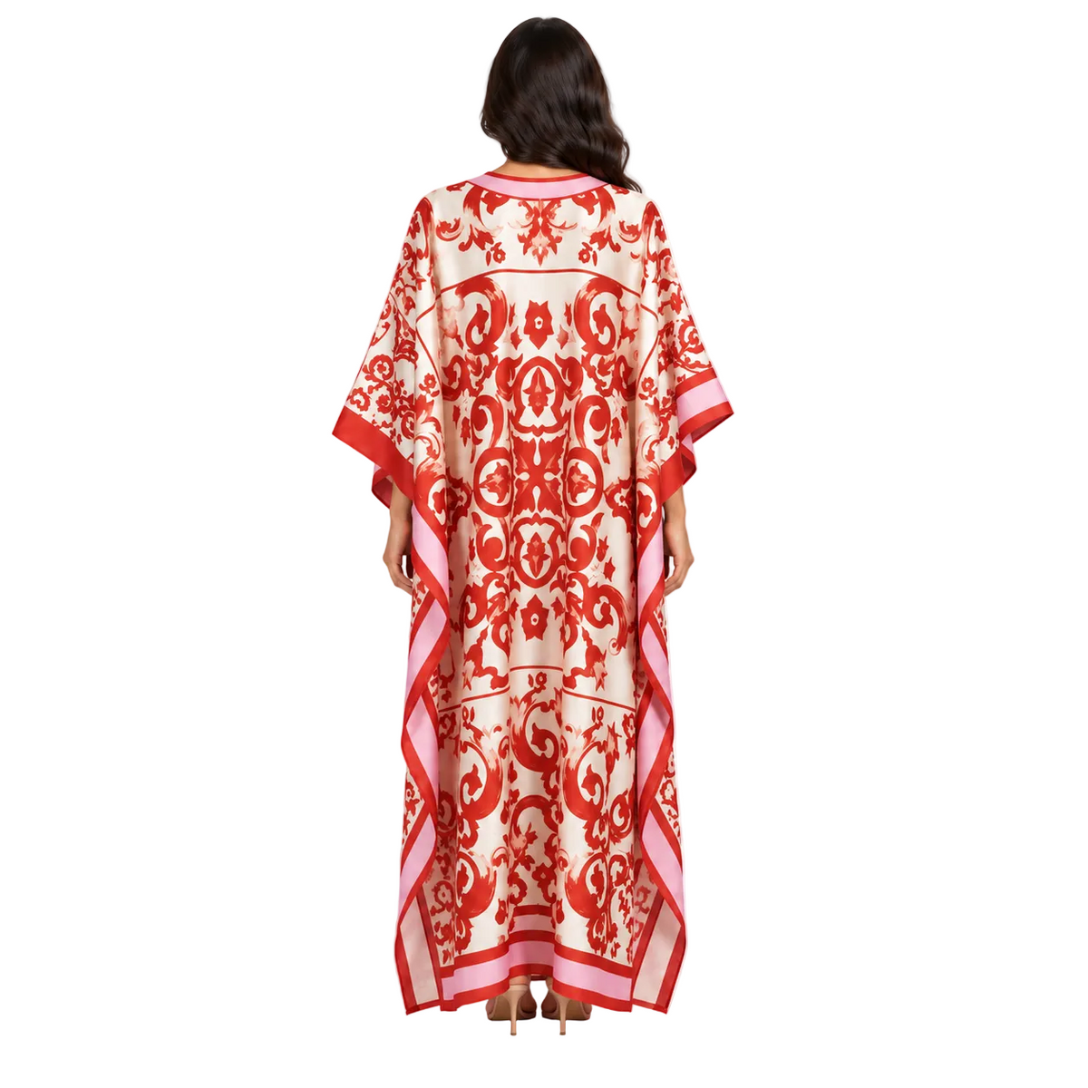 Elegant Red Floral Printed Satin Kaftan-4