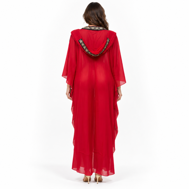 Red Gold Embroidered Chiffon Kaftan Dress-4