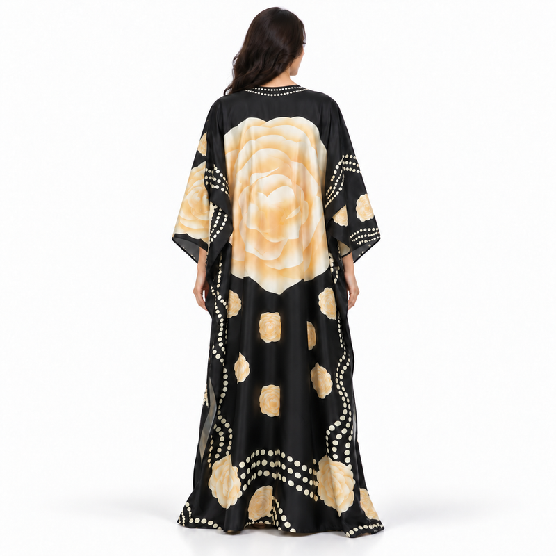 Elegant Black Floral Printed Satin Kaftan-4