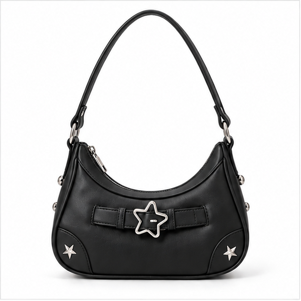 Black Star Buckle Crescent Shoulder Bag-4