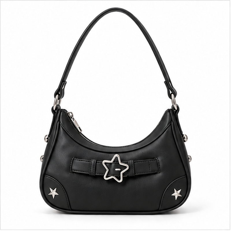 Black Star Buckle Crescent Shoulder Bag-4
