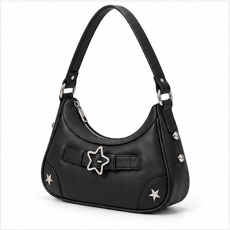 Black Star Buckle Crescent Shoulder Bag-3