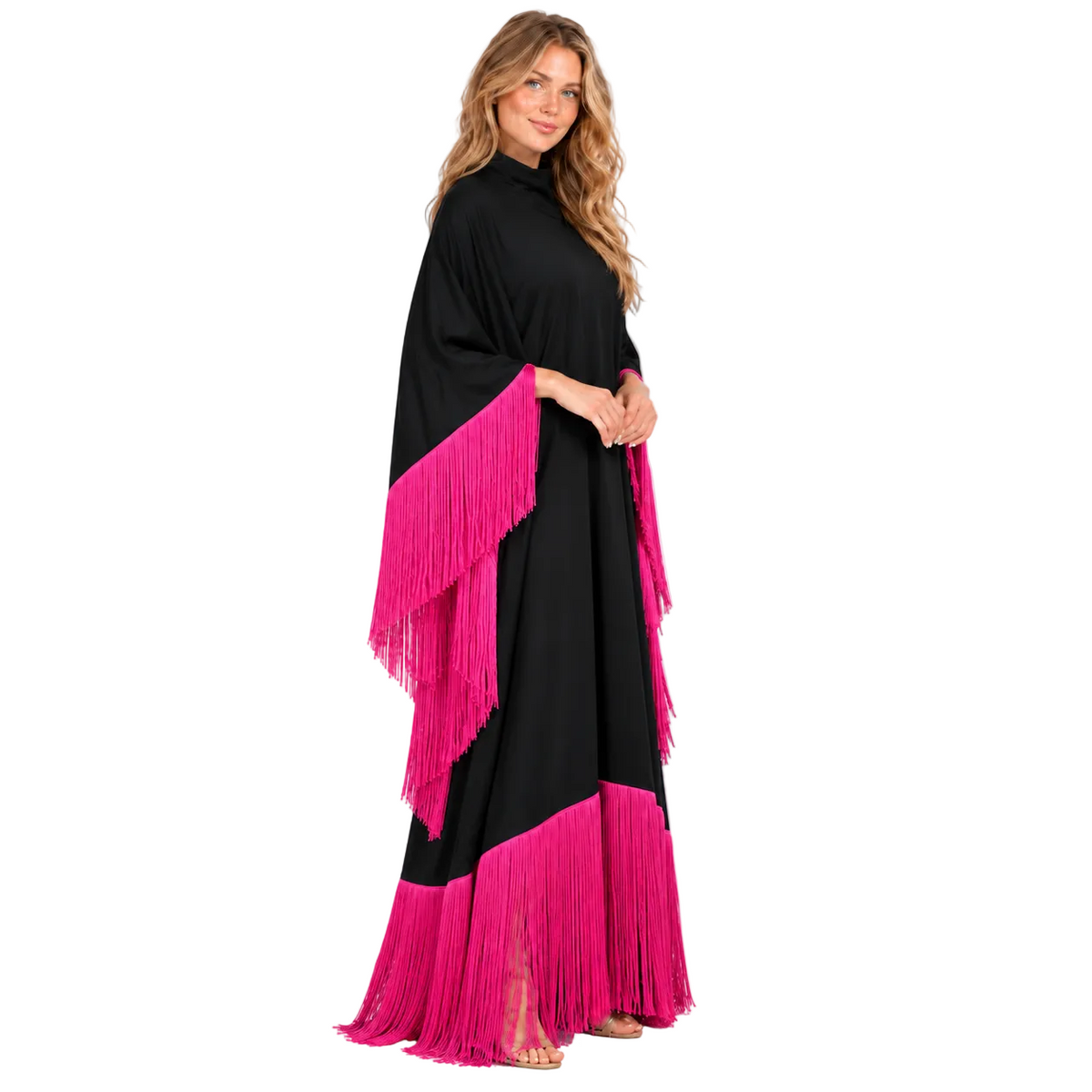 Elegant Black Kaftan With Pink Fringe-3