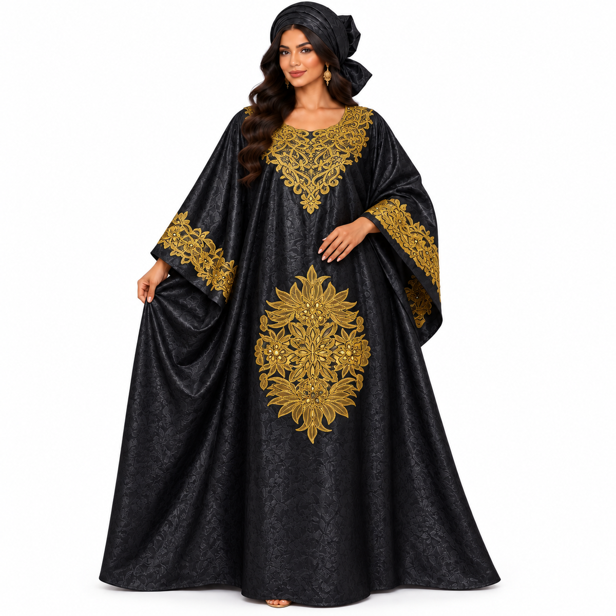 Black Gold Floral Embroidered Luxury Kaftan-1
