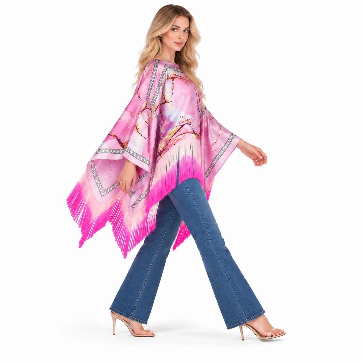 Elegant Pink Floral Fringe Kaftan Tops