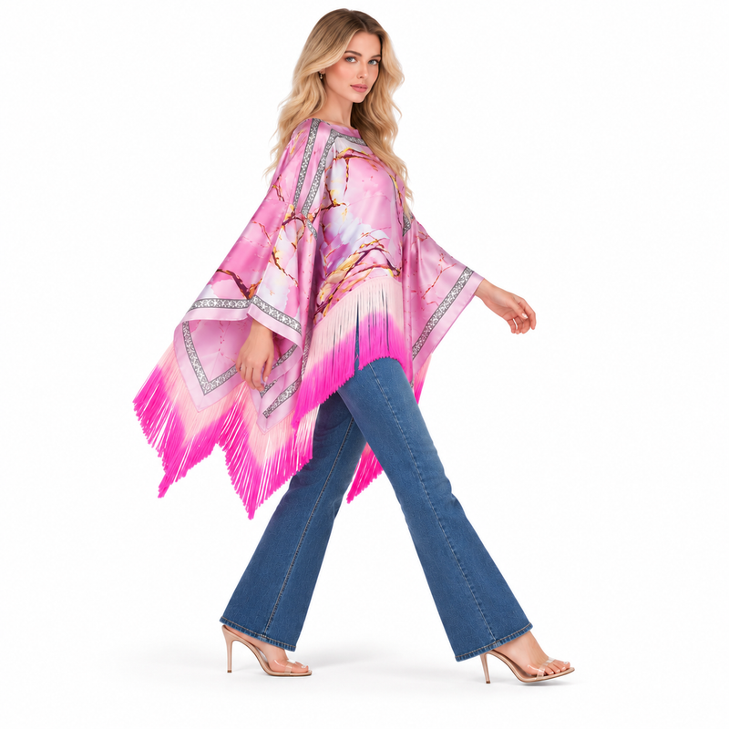 Elegant Pink Floral Fringe Kaftan Tops-2