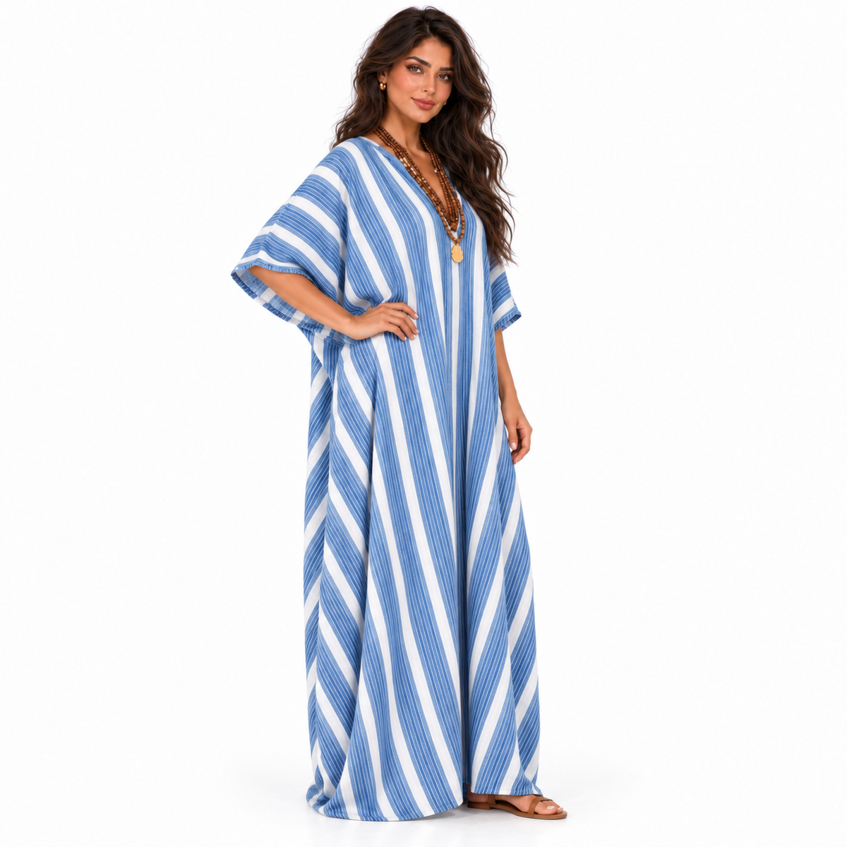Elegant Blue Striped Linen Kaftan Dress-3