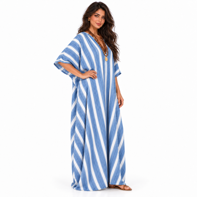 Elegant Blue Striped Linen Kaftan Dress-3