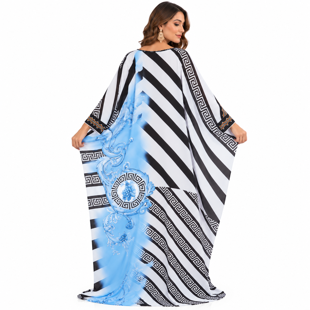 Blue Geometric Floral Luxury Kaftan Dress-4