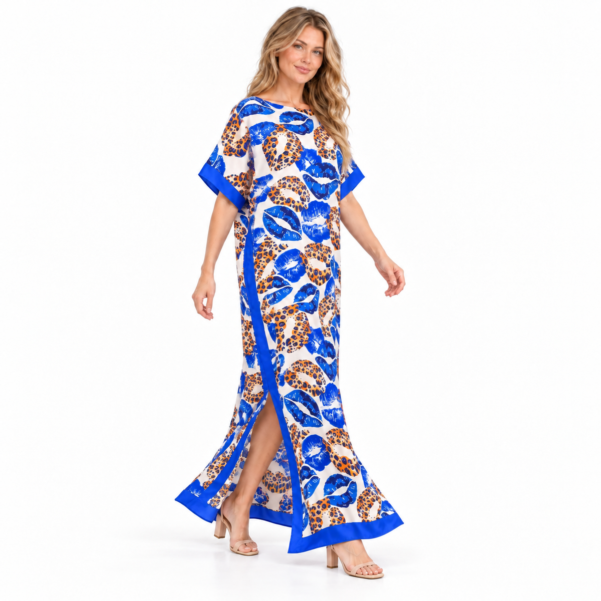 Blue Leopard Print Silk Satin Kaftan-3