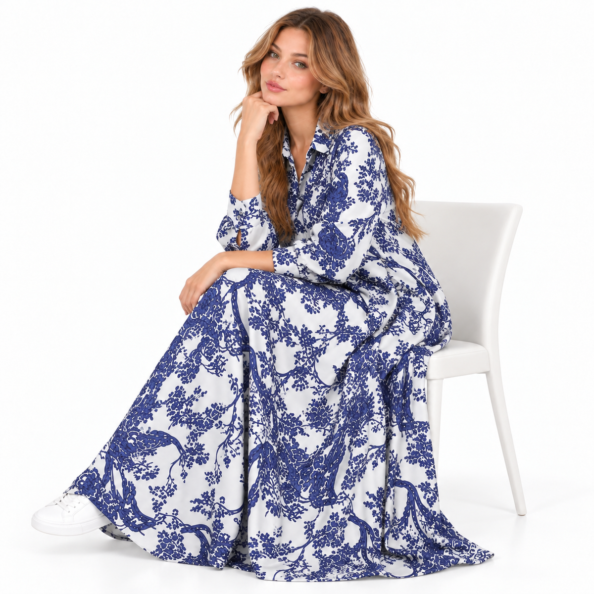 Elegant Blue White Floral Cotton Kaftan